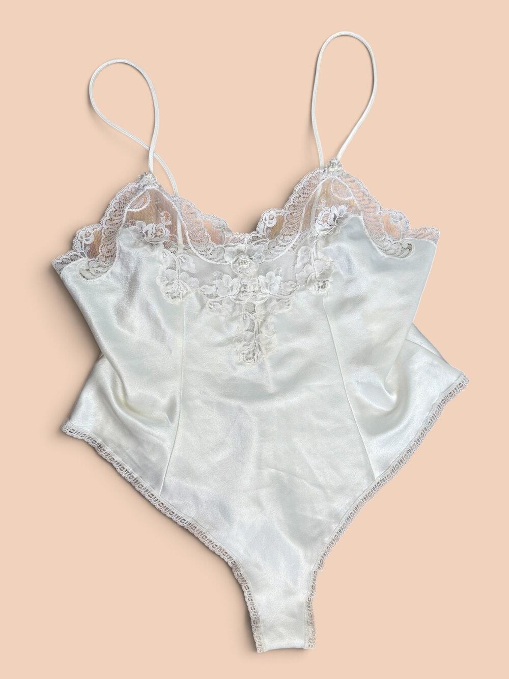 Vintage 80s Christian Dior Teddy Bodysuit Ivory Satin Floral Lace Lingerie S M